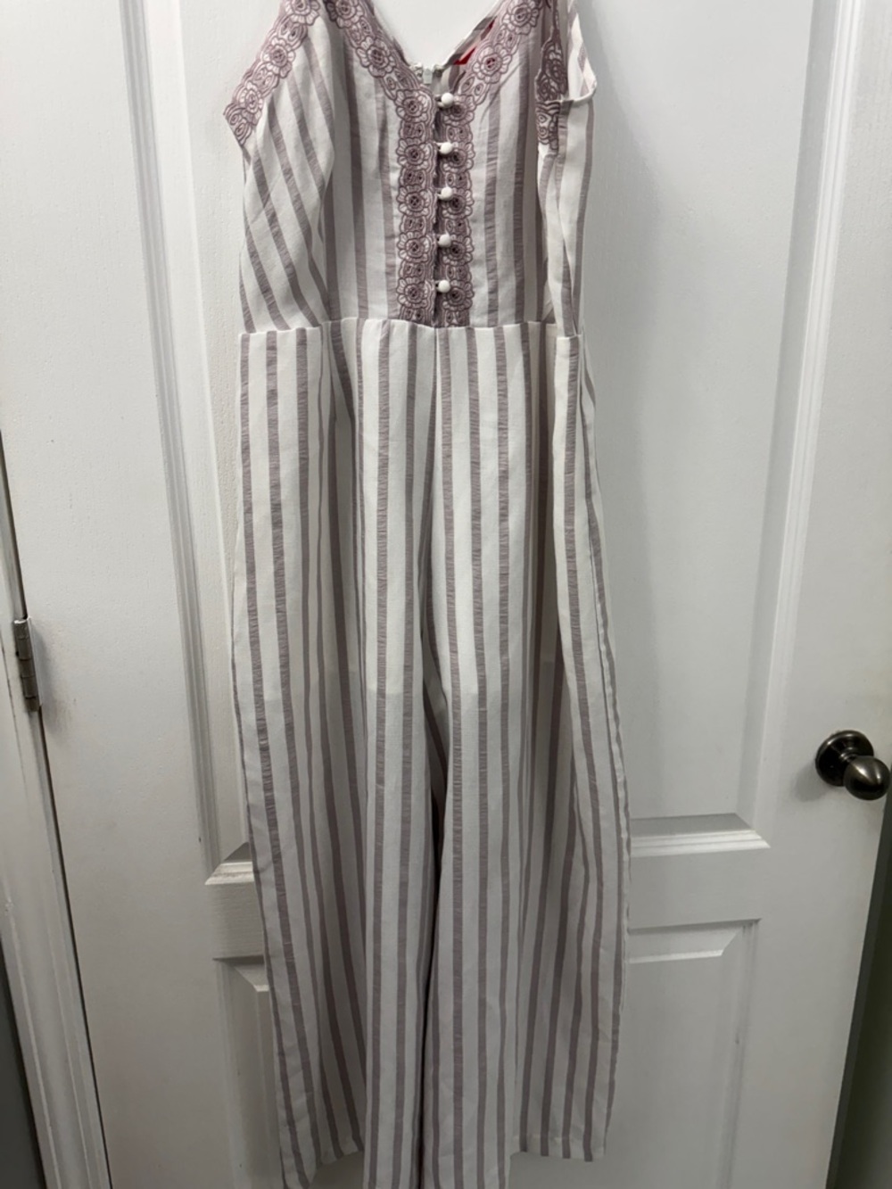 Chelsea & Violet Cream and Mauve Striped Lace-Front Jumpsuit